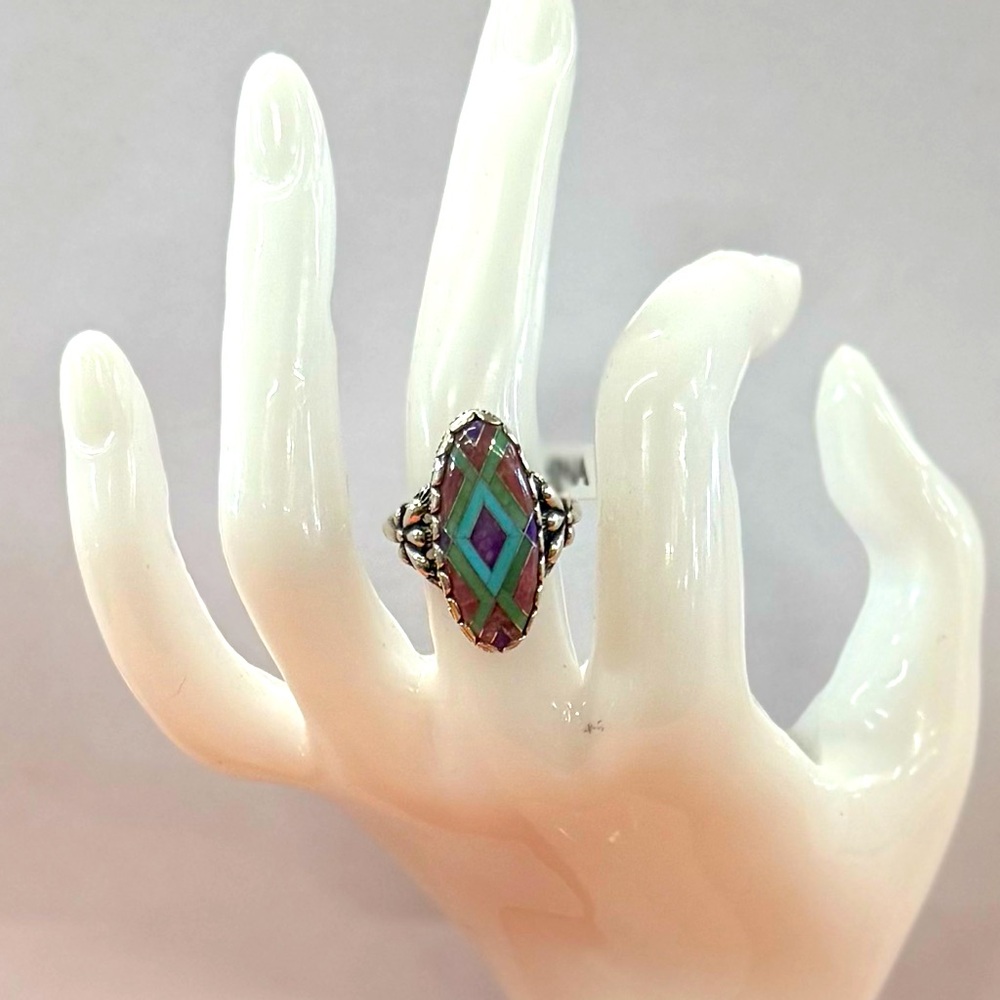 Fine Vtg Carolyn Pollack Sterling Silver Relios Southwestern Chanel Inlaid Ring